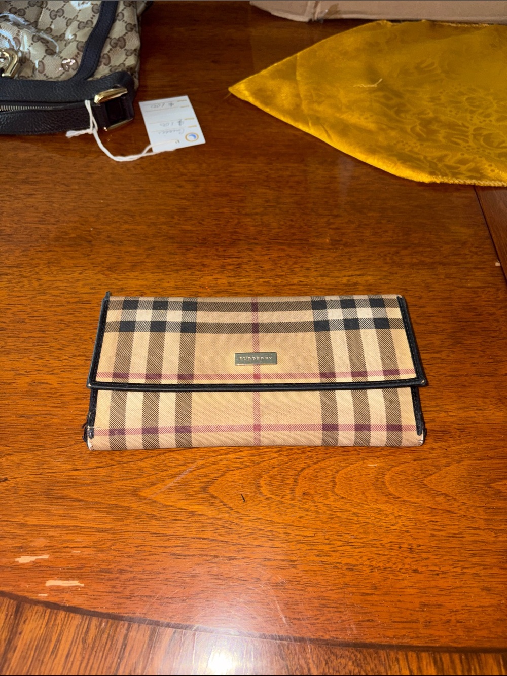 Burberry Tan Plaid Continental Wallet with Black Trim